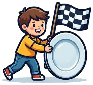 A child putting away a plate next to a finish flag