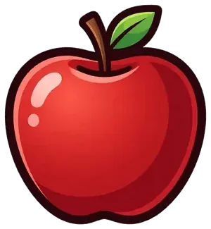 A shiny red apple with a green leaf