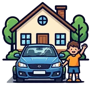 A child waving next to a car parked outside a house