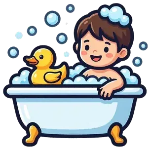 A child in a bubble bath with a rubber duck