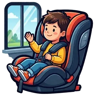 A child buckled into a car seat by the window