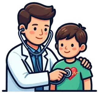 A doctor listening to a boy’s heart with a stethoscope