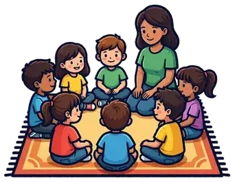 A teacher and children sitting in a circle on a rug