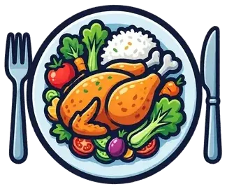 A dinner plate of chicken, rice and vegetables with a knife and fork