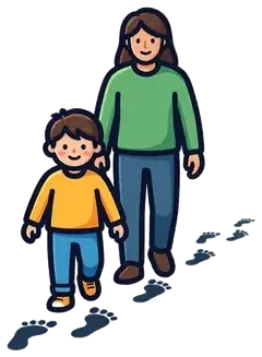 A child walking behind an adult, leaving footprints