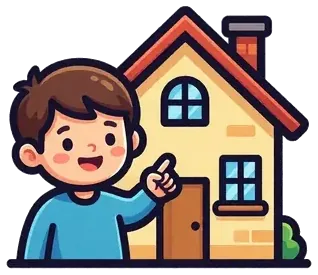 A boy pointing to his house