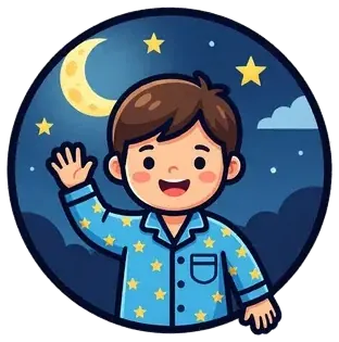 A child in pajamas waving good night under the moon and stars