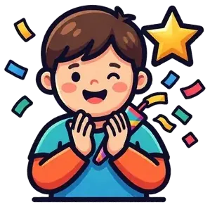 A happy child cheering, with confetti and a star