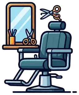 A barber chair in front of a mirror, with scissors