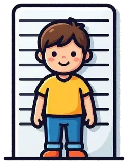 A boy standing against a height chart