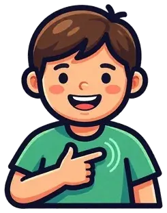 A smiling boy pointing to himself