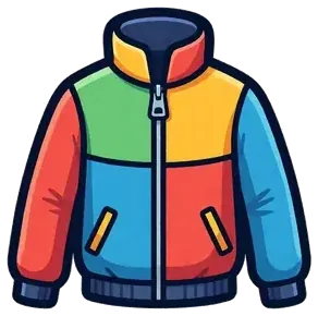 A zip-up jacket in red, yellow, green and blue