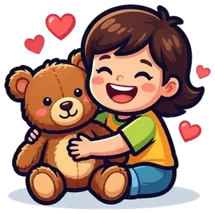 A girl hugging a teddy bear, with little hearts around her