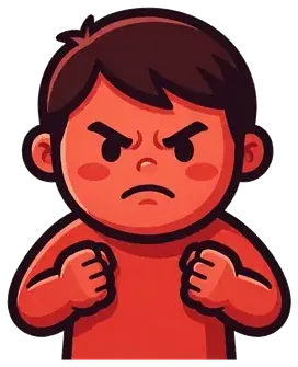 An angry child with a red face and clenched fists