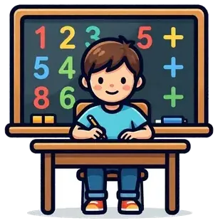 A boy at his desk in front of a board of numbers