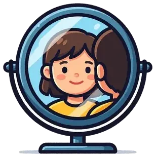 A girl looking at herself in a round mirror