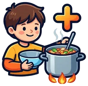A child with a pot of food and a plus sign