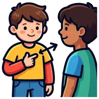 A child pointing to himself, next to a friend