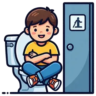 A child sitting on the toilet in a bathroom stall