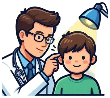 A doctor looking in a boy’s ear