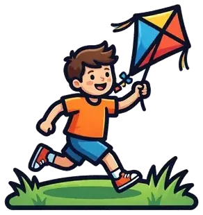 A boy running across the grass with a kite