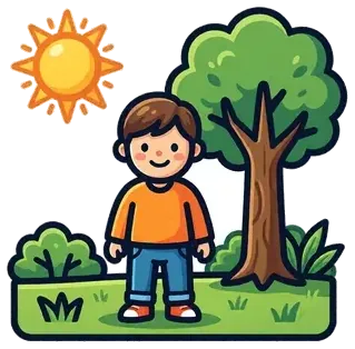 A boy standing outside next to a tree on a sunny day