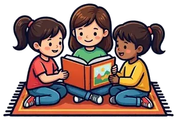 Three children reading a book together on a rug