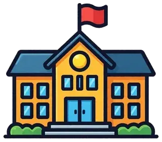 A school building with a flag on the roof