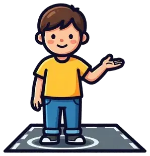 A boy standing still on a marked spot