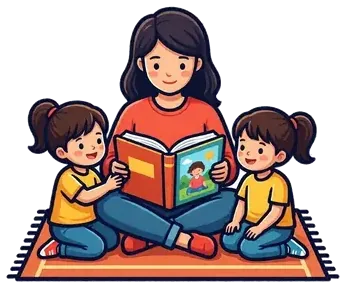 An adult reading a picture book to two children