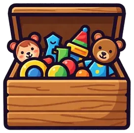A wooden toy box full of toys