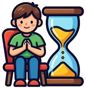 A child sitting on a chair next to an hourglass