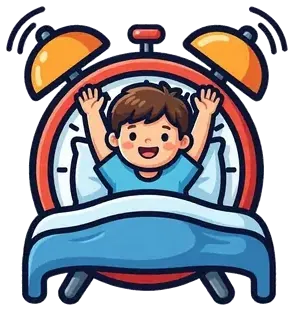 A child waking up in bed next to a ringing alarm clock