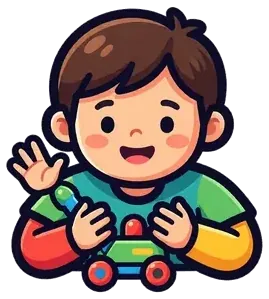 A smiling boy holding a toy car and raising one hand