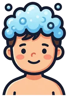 A child with shampoo bubbles in his hair