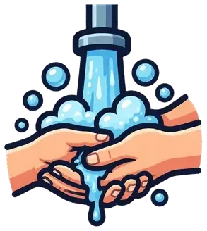 Hands under running water with soap bubbles