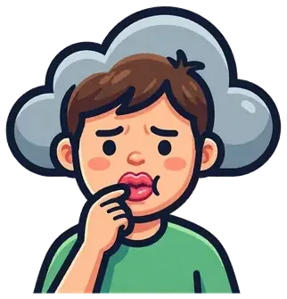 A child biting his nails under a gray cloud
