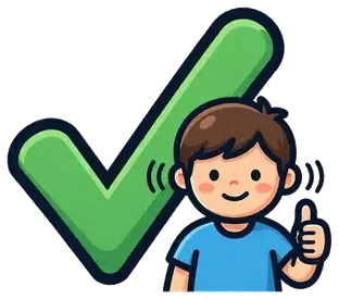 A boy giving a thumbs up next to a big green check mark