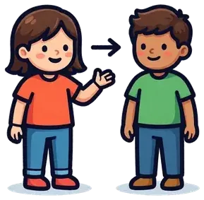 A girl with an arrow pointing to a boy