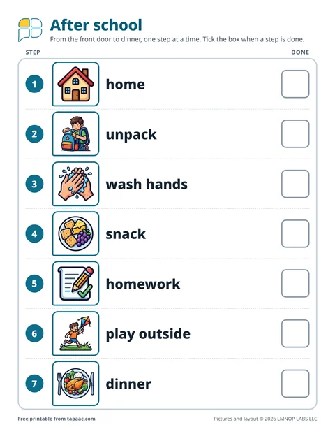 After school routine chart with seven numbered steps and a box to tick beside each