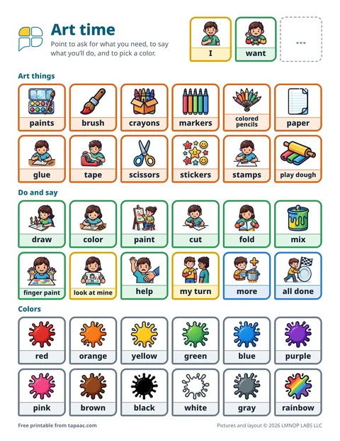 Art communication board with art things, do and say words, and 12 colors