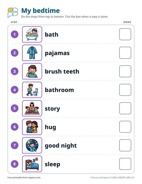 Bedtime routine chart with eight picture steps and tick boxes
