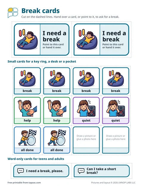 Break cards: two large I need a break cards and small break, help, quiet and all done cards