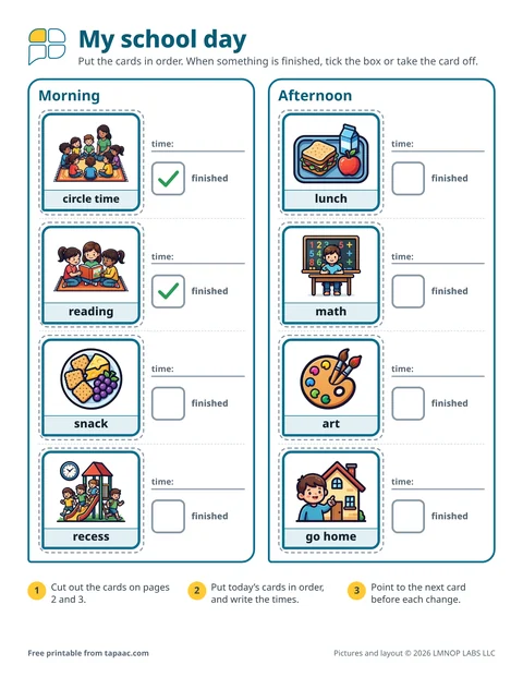 Classroom visual schedule with morning and afternoon picture cards