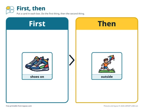First-then board with shoes in the First box and playing outside in the Then box