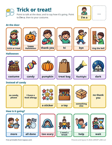Halloween trick-or-treat communication board with door words, costume, candy, pumpkin and how is it going