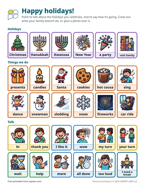 Holiday communication board with Christmas, Hanukkah, Kwanzaa, New Year and winter pictures