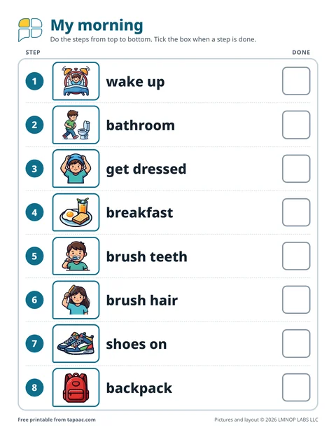 Morning routine chart with eight picture steps and tick boxes