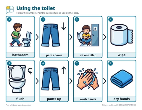 Toilet steps visual schedule with eight numbered pictures