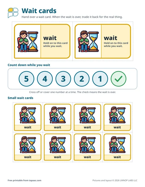 Wait cards with a child and an hourglass, and a countdown from 5 to 1